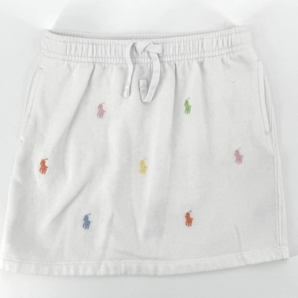 Polo Ralph Lauren Girls 6 White Fleece Skirt Multi Color Embroidered Pony Logo
